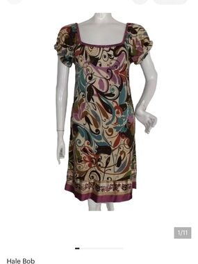 HALE BOB Silk Dress, M, Multicolor Swirl print, Square Elastic Neckline